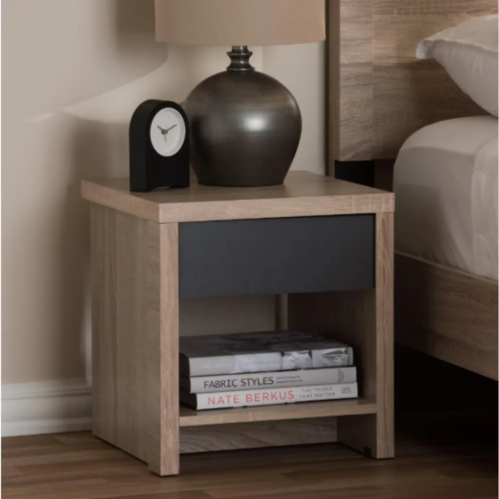 

1-Drawer 1-Shelf Light Brown Wood Nightstand，grey two-tone finishing bring handsome style to your color palette
