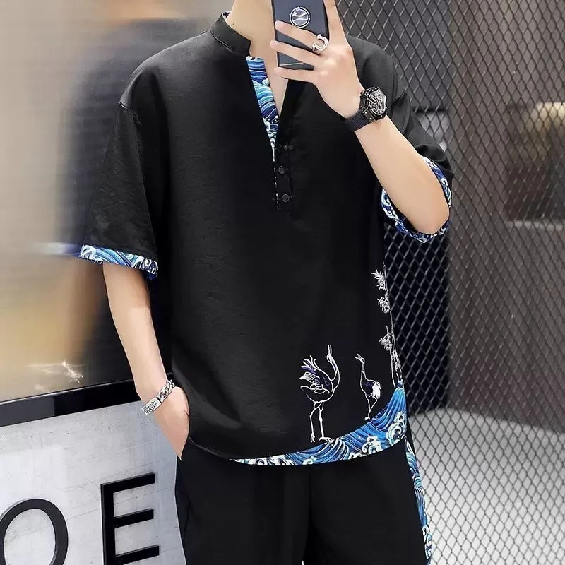 

Футболка из ледяного шелка, мужская футболка с короткими рукавами в национальном стиле, костюм Тан в стиле ретро, свободный и красивый костюм из двух предметов