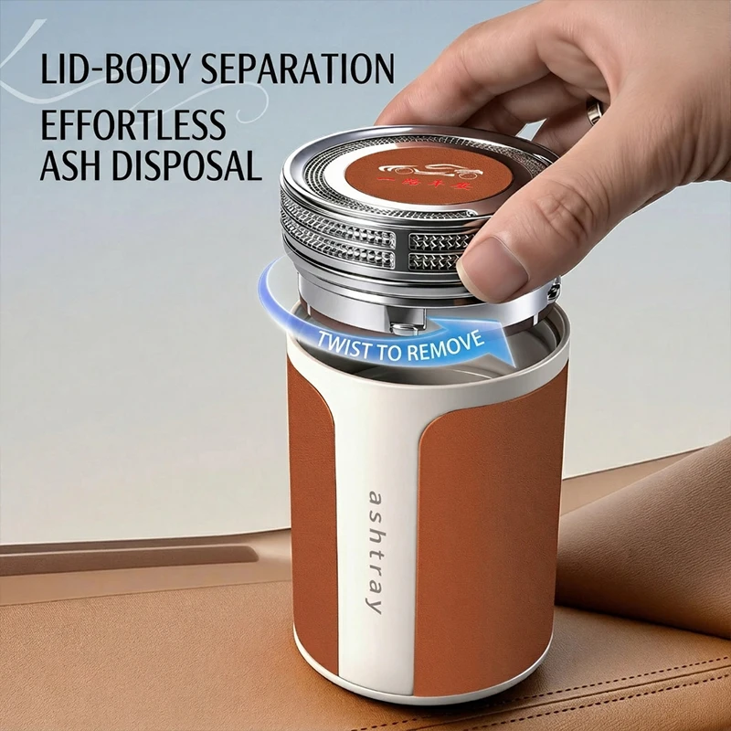 Car Ashtray with Leather Surface and Ceramic Inner Liner, Luxury Sealed Design to Prevent Odor and Ash Dispersion view 2
