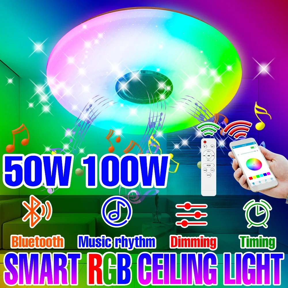 

100 Вт светодиодный RGB умный потолочный светильник AC100-240V Bluetooth-соединение приложение дистанционное управление окружающее освещение с громкоговорителем может играть в музыку