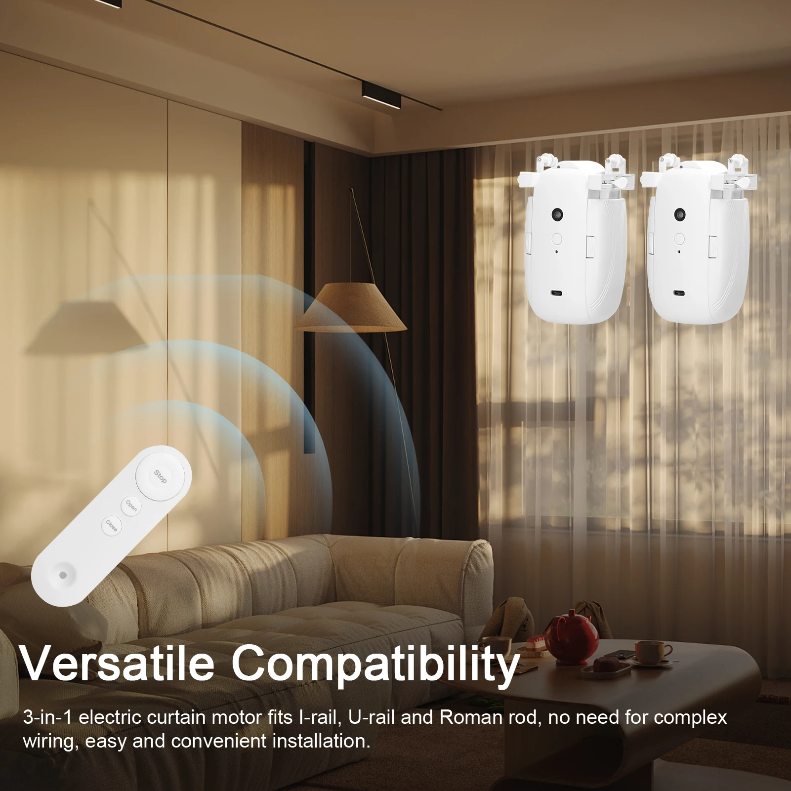 2pcs 3 in1 Intelligent Curtain Motor Home Electric Curtain Opener No Wiring with Remote Controller for I-Rail/U-Rail/Roman Rod