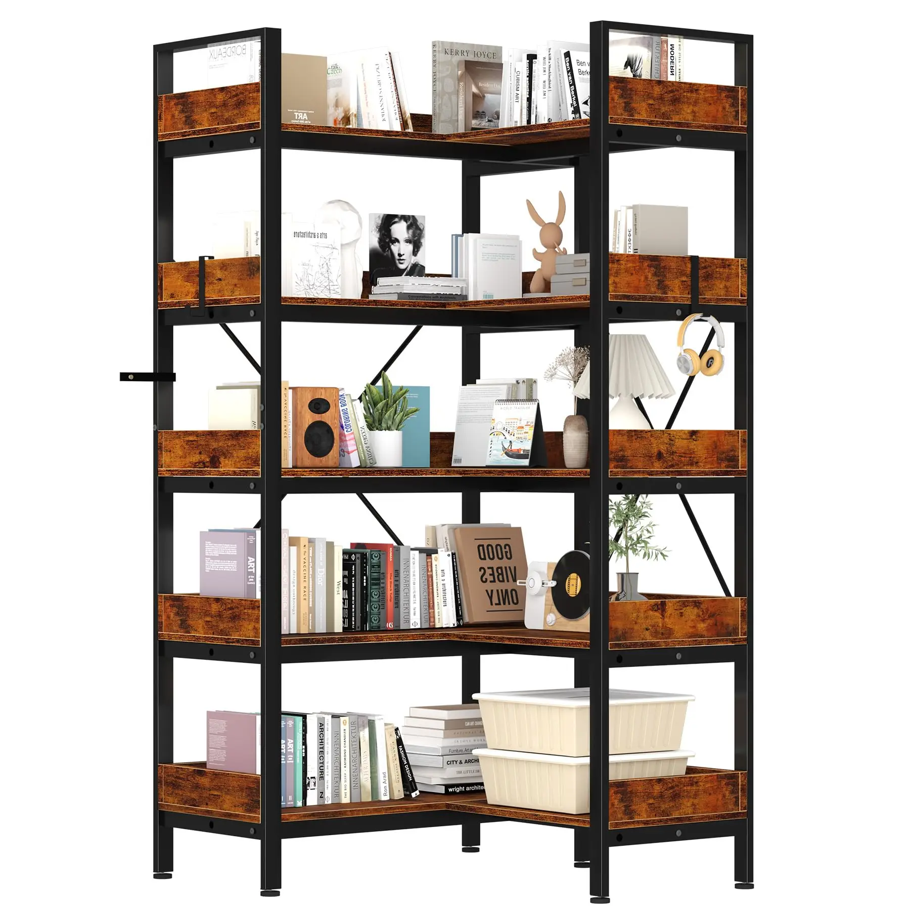 5 Tier Bookshelf, L Shaped Reversible Corner Bookcase, Industrial Wooden Bookshelf with Open Shelves and Metal Frame, Corner Shelf Storage Rack for Home Office Living Room