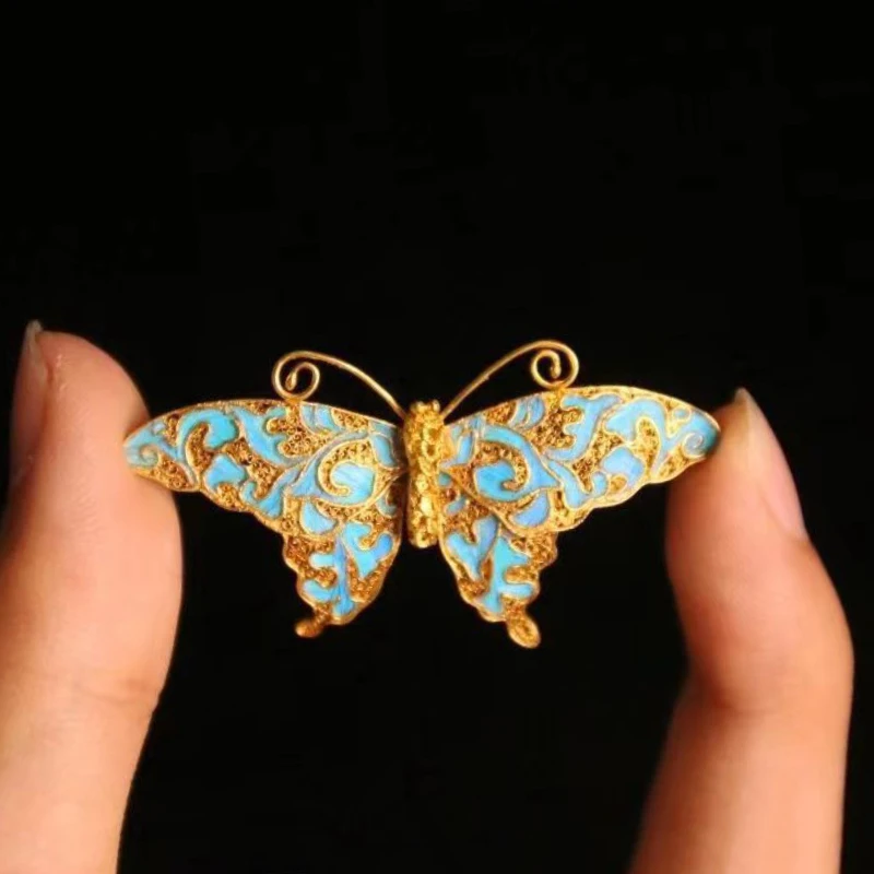 

Palace style Exquisite butterfly brooch for women Fashion High quality ancient gold craftsm blue-green enamel vintage jewelry