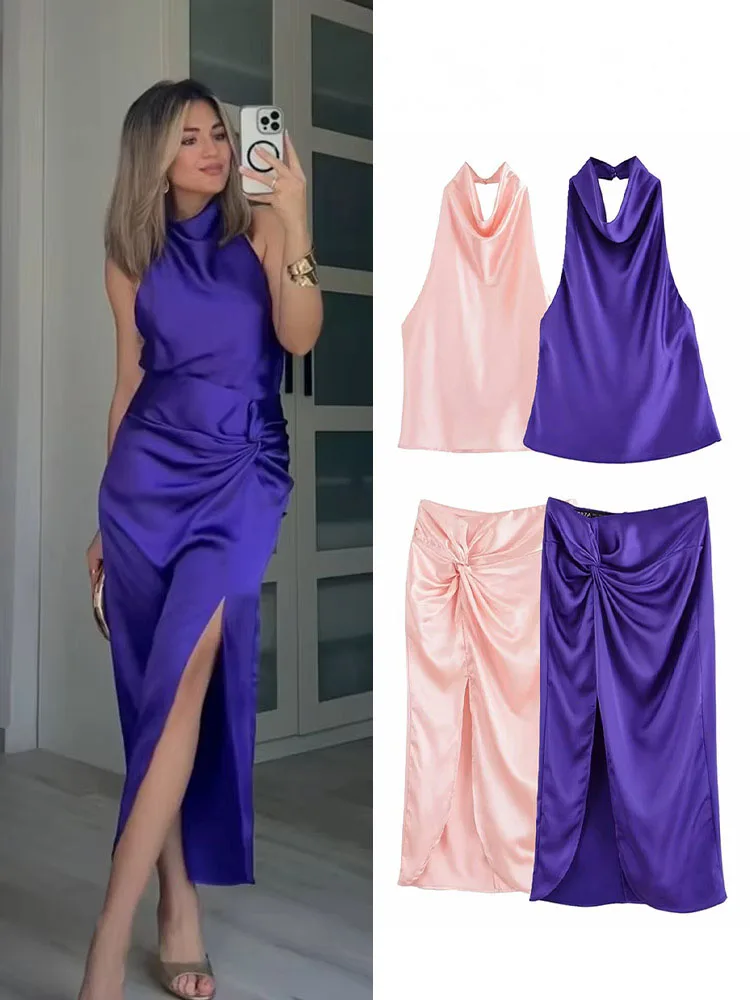 HH Women Solid Set Fashion Hanging Neck Collar Sleeveless Satin Texture Top+Back Zipper Slit Knot Decorate Midi Skirt