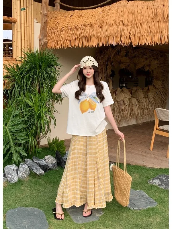 

plus Size Lazy Style Set Summer New Casual Print Short Sleeve Top Lace Plaid Skirt Korean Loose Fit High Waist A-Line Skirt