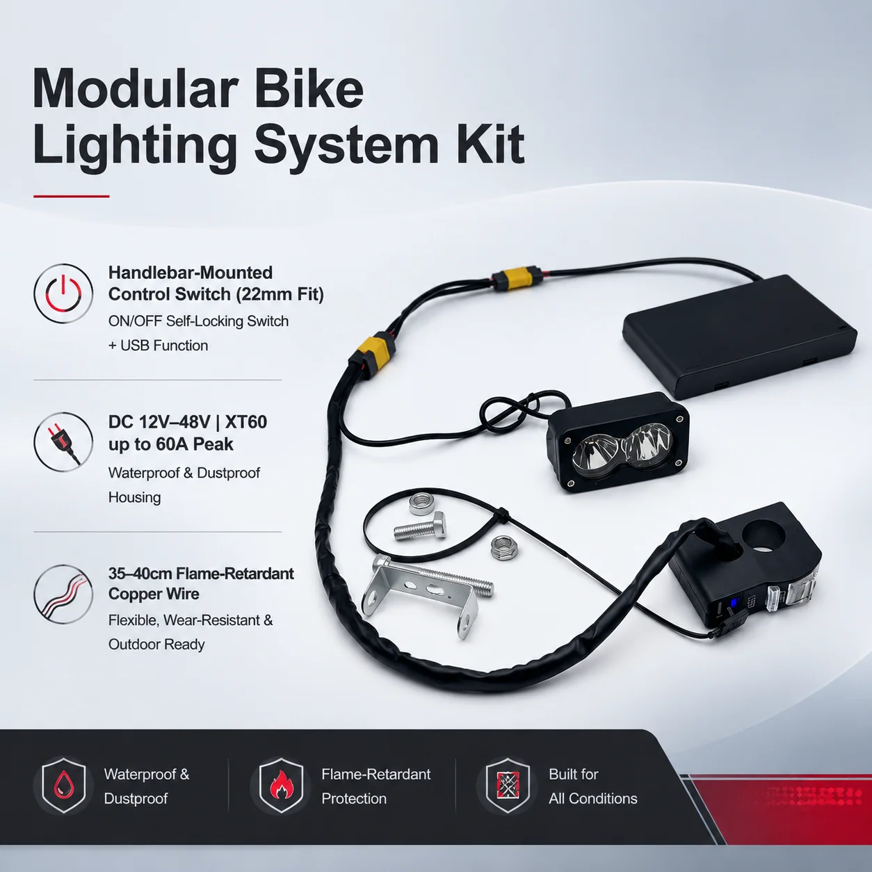 Modular E-Bike Lighting System Kit, Waterproof LED Bike Light Set for MTB Road Cycling Offroad Riding,Plug&Play DIY Lighting Kit