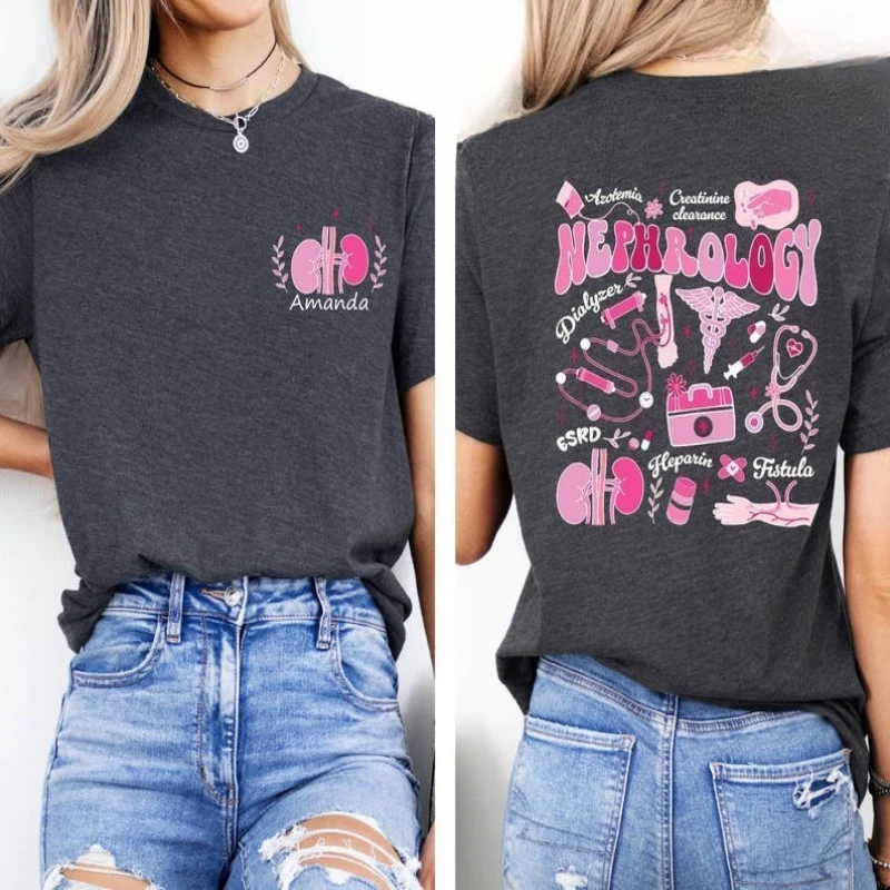 Novedad, camiseta personalizada con estampado de bolsillo para enfermera de diálisis, camiseta técnica de nefrología personalizada, camisetas estampadas de manga corta que combinan con todo