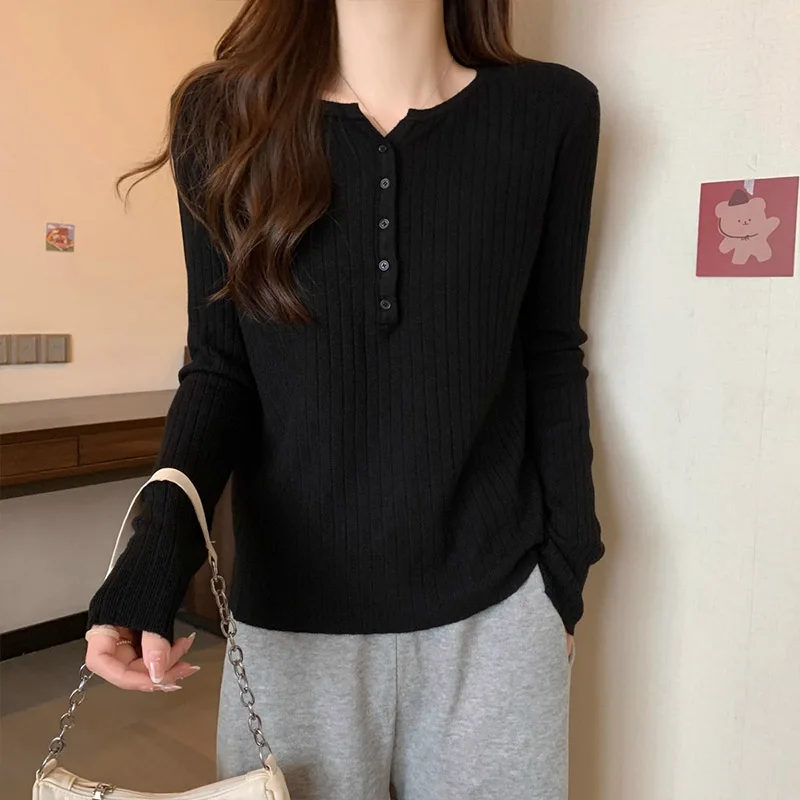 Spring Autumn New V-neck Long Sleeve Knit Pullovers Women Clothing Casual Fashion Solid Button Sweaters All-match Elegant Tops