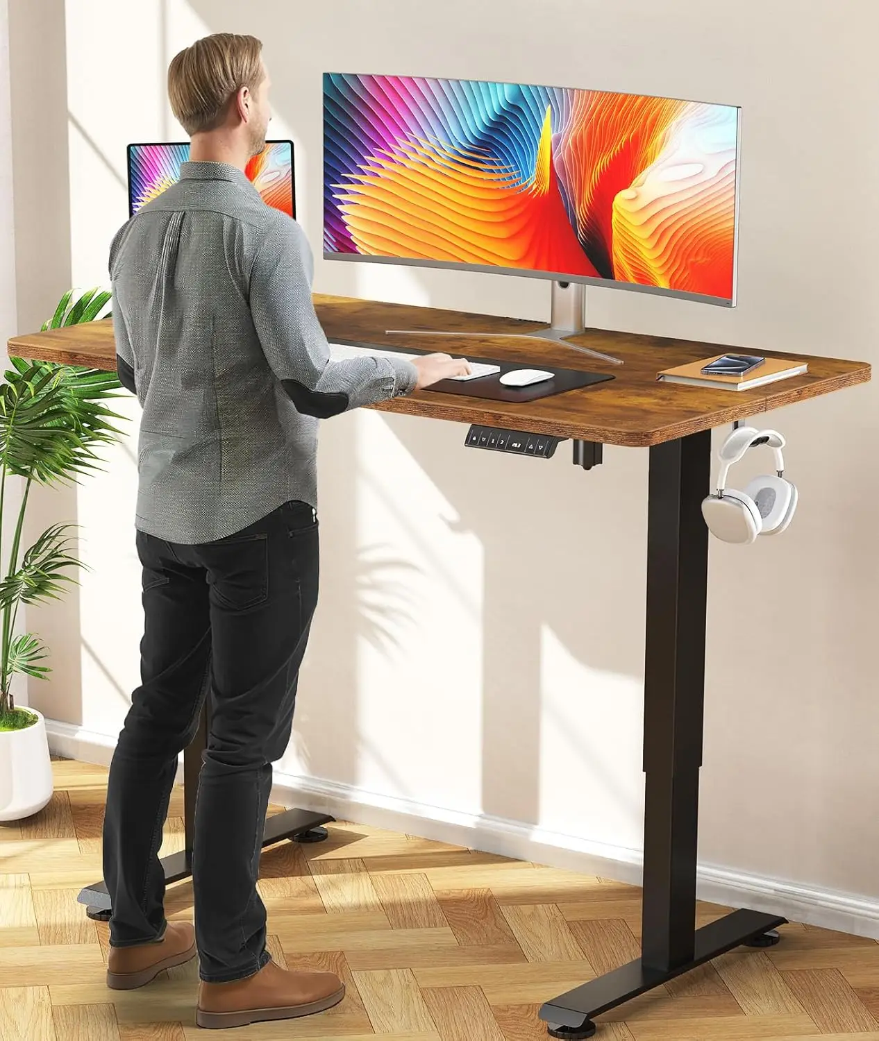 Electric Standing Desk 47.2 Inch, Height Adjustable Sit Stand Up, Cable Clip, Wood Desktop, Work Home Office Computer PC Table,