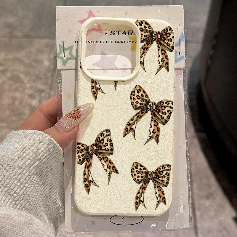 Coque de téléphone en silicone souple à texture litchi avec nœud imprimé léopard marron pour iPhone 17 Air 11 12 13 14 15 16 17 Pro Max 14 15 Plus