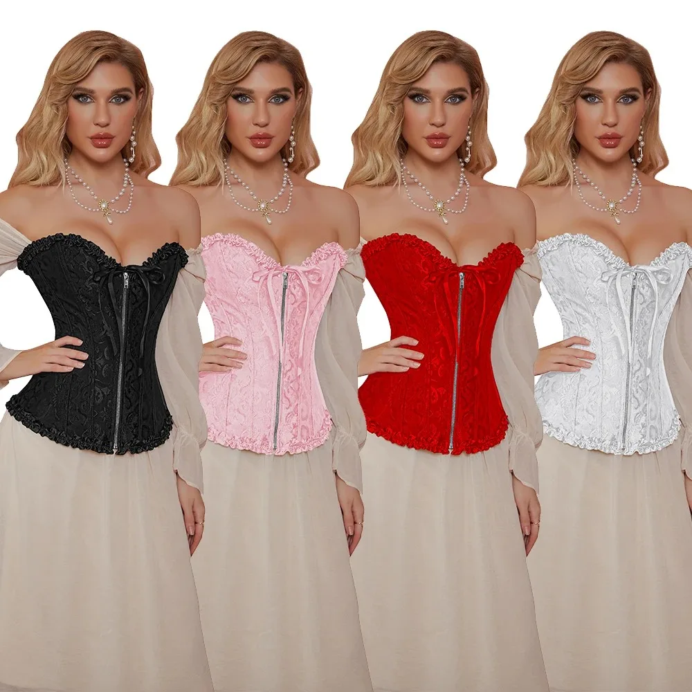 Jacquard Victorian Corset Top Zipper Gothic Bustier Overbust Lingerie Lace Medieval Women Sexy Vintage Halloween Costume