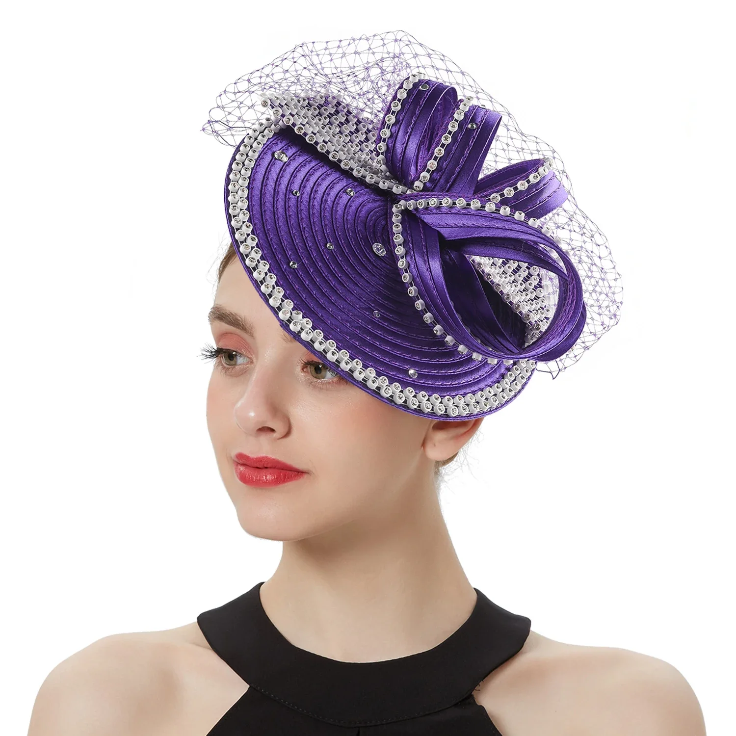 Perfect Satin Fascinator Fancy Hair Accessories Multicolour Kentucky Derby Hats Tea Party Hat Rhinestone Headdress with Veil