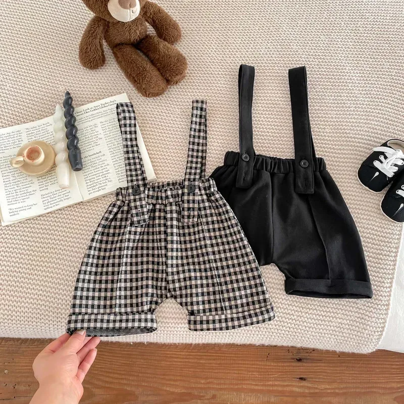 

2024 Spring Summer Girl Infant Loose Plaid Overalls Boy Children Solid Suspenders Pants Babycotton Short Trouser Toddler Clothes