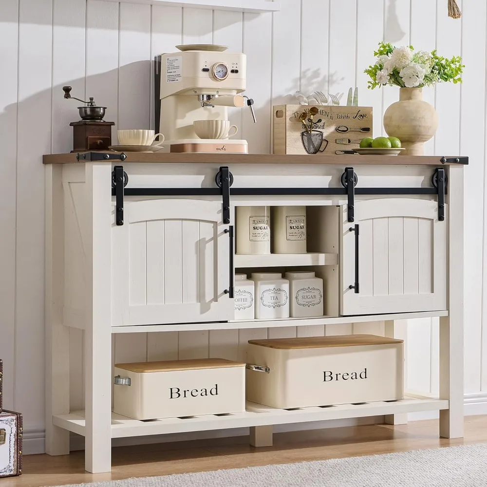 

Farmhouse Entryway Table with Sliding Arch Doors, 46" Rustic Console Table with Adjustable Shelf & Open Shelf Space, Wood