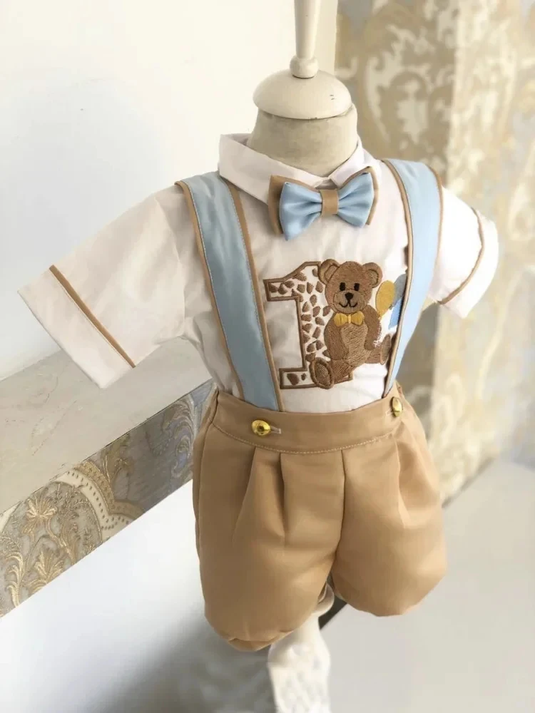 Baby Boy Spring Summer Bear Embroidery Vintage Khaki Set for Eid Causal Birthday Photography