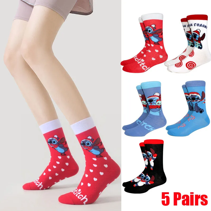 

5 Pairs New Winter Women Christmas Socks Cartoon Stitch Long Socks Anime Creative Men‘s Socks Cosplay Outdoor Funny Couple Socks
