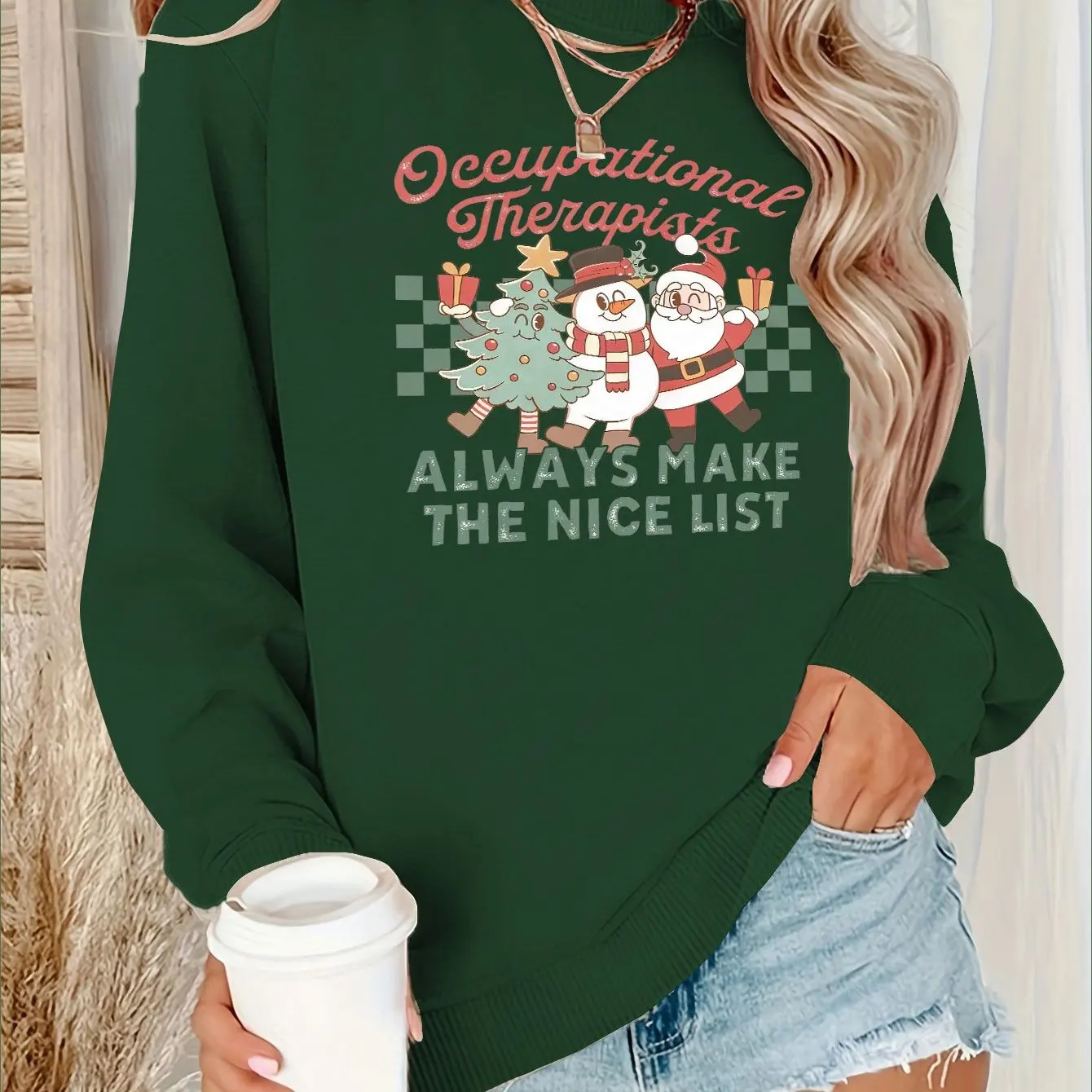 Women\'s Festive Christmas Sweatshirt Santa Snowman & Tree Print Casual Crew Neck Pullover Soft Polyester Blend Machine Washable