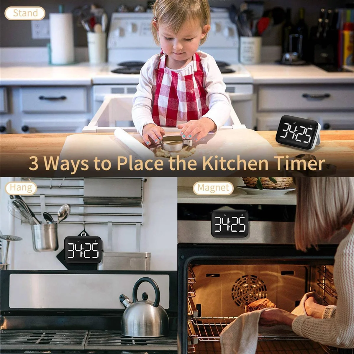 ตัวจับเวลาในครัวดิจิตอล-ตัวจับเวลานับถอยหลังแม่เหล็กพร้อมจอแสดงผล LED ขนาดใหญ่เสียงดังสำหรับทำอาหารและสำหรับเด็ก