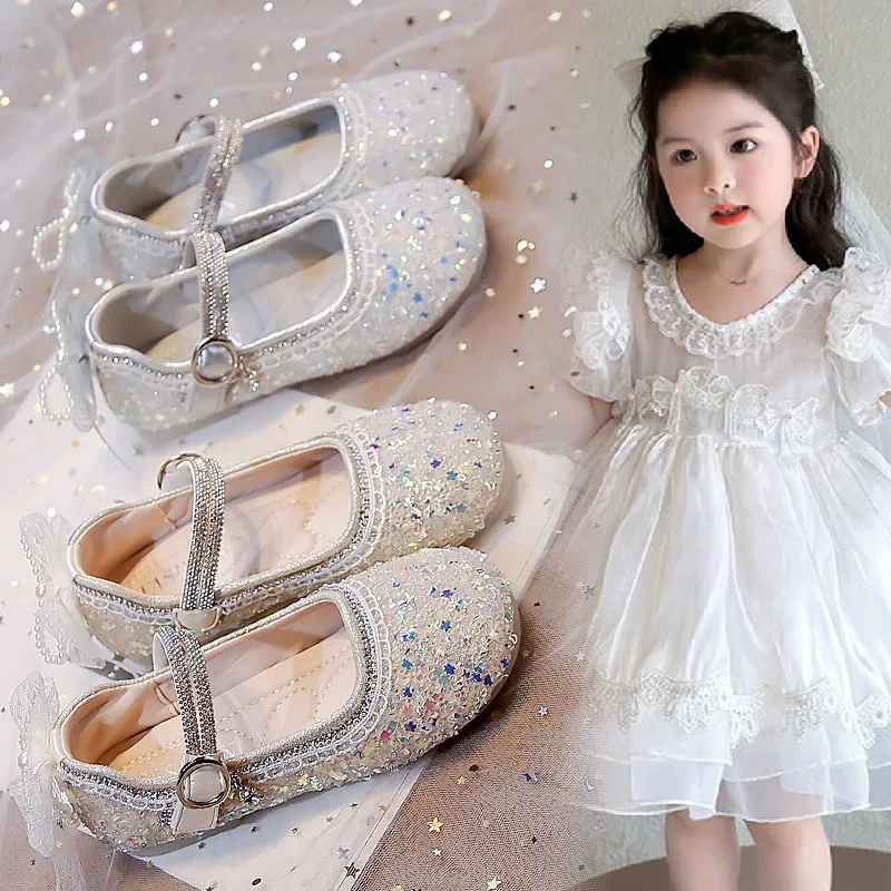 

Girls Princess Shoes with Shiny Glitter Kids Leather Shoes Back Lace Bows 2025 Autumn New Children Flats Soft Bottom Fashion