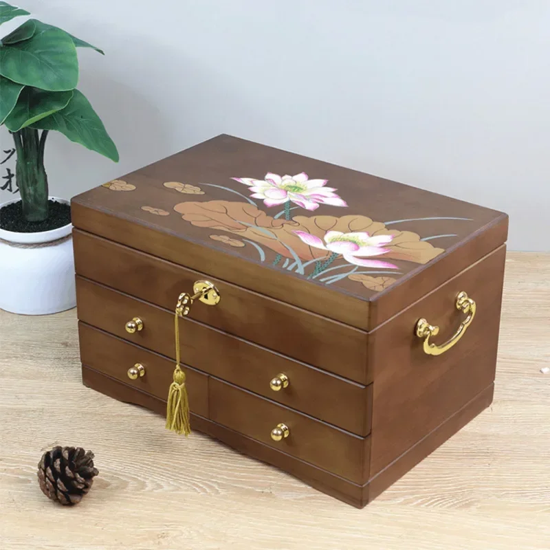 Wood Jewelry Box Large Capacity Earring Storage Box Lockable Makeup Box with Hooks Removable Dividers Stylish Organizer