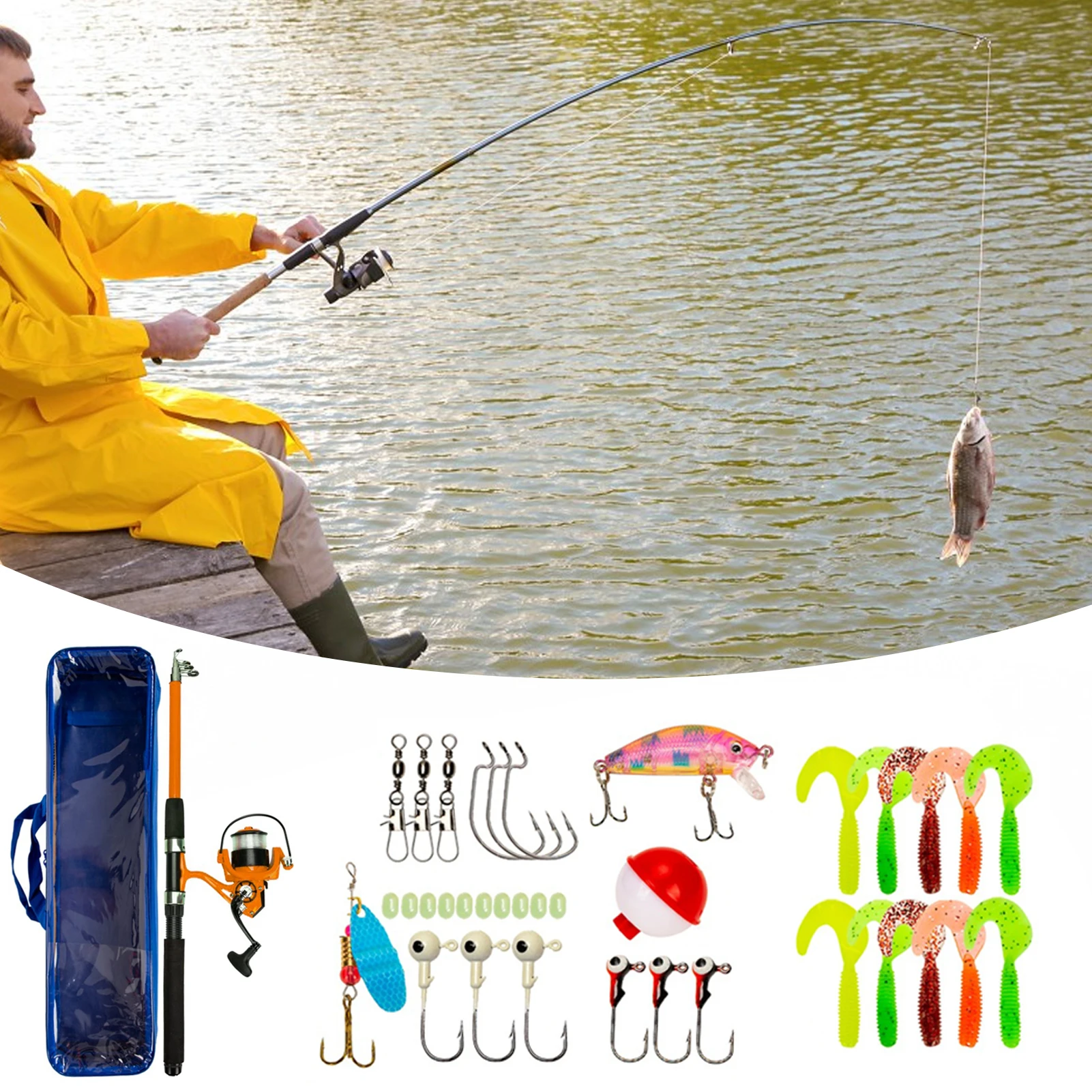 1 conjunto de vara de pesca de 2.1m, kit com linha de carretel giratório, gancho de isca, fibra de vidro resistente, fundição longa, telescópica, vara de pesca marítima