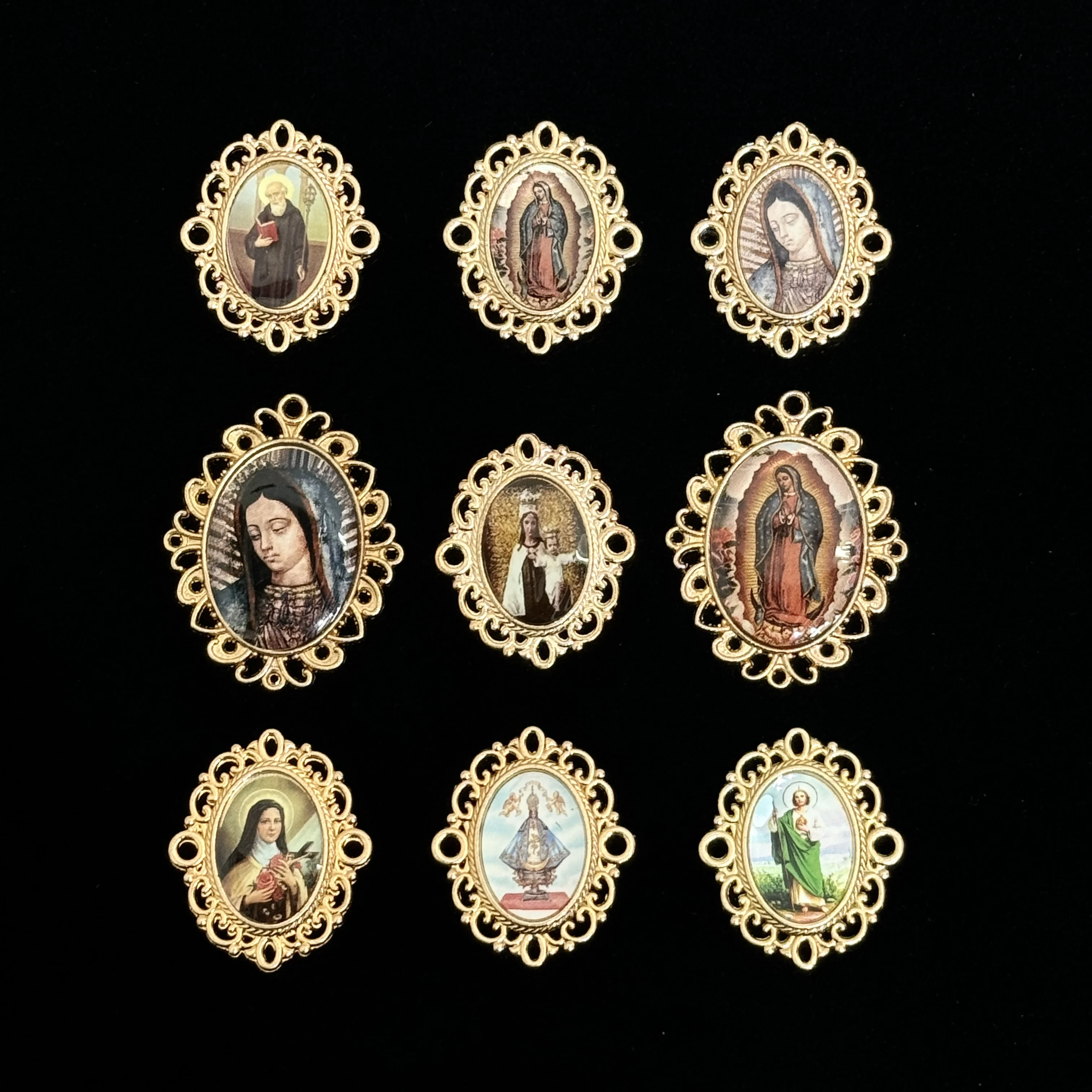 10Pcs Saint Medal Charms Gold Plated Oval Filigree Catholic Saint Image Pendant for Rosary DIY Jewelry Making