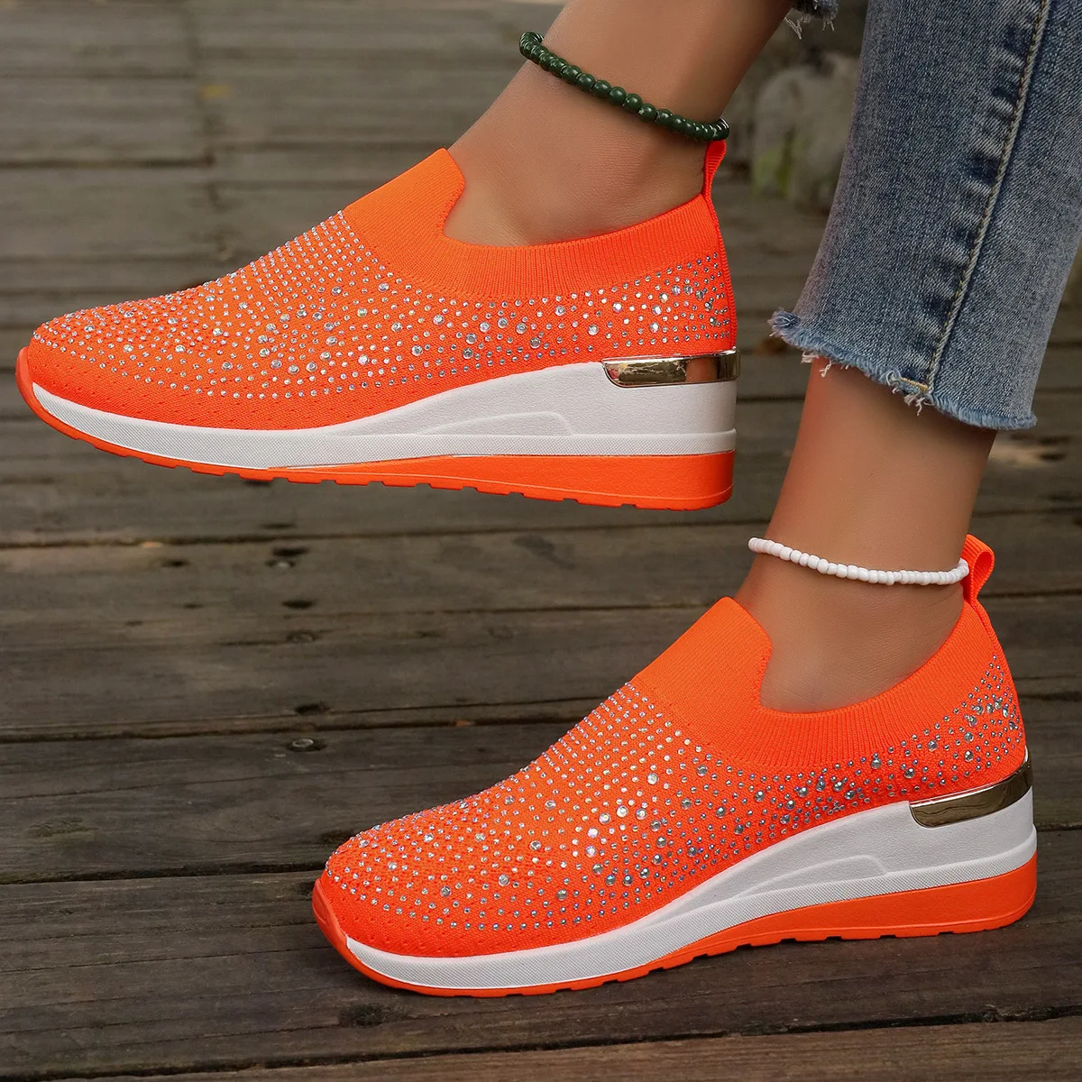 Orange Rhinestone Casual Sneakers Breathable Wedge Women Lightweight Shoes Slip On 2024 New Comfortable Spring Mesh Sports Shoes