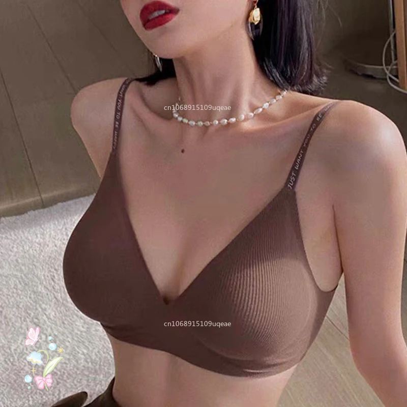 Reggiseni Sexy senza cuciture per le donne biancheria intima senza fili Push Up Brasieres Deep V Bralette invisibile lettera cinturino reggiseno Lingerie