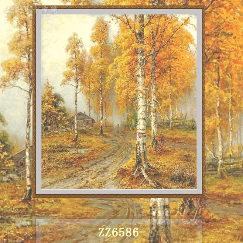 [ZZ6586- Claver Oil Painting White Birch Forest] 11CT 14CT 16CT DIY Cross Stitch Kit, Pattern Printed Canvas Embroidery, Needles