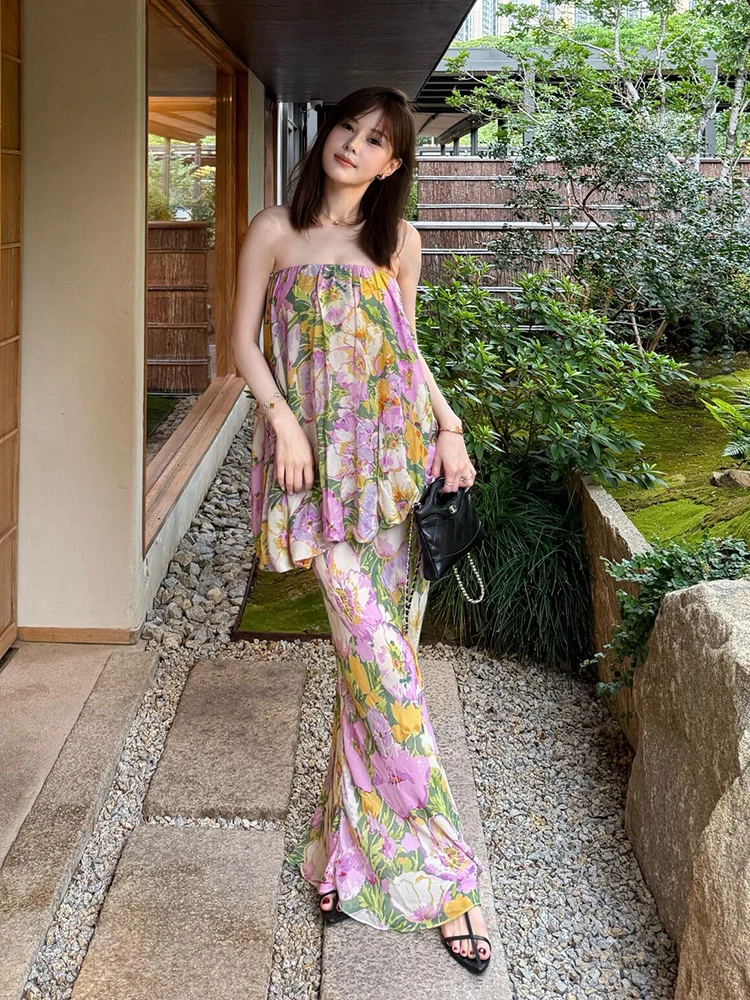 Retro Floral One oulder Dr Women's Island Vaion Beach Skirt Slimming Long Dr Svel High Waist Poly Fiber