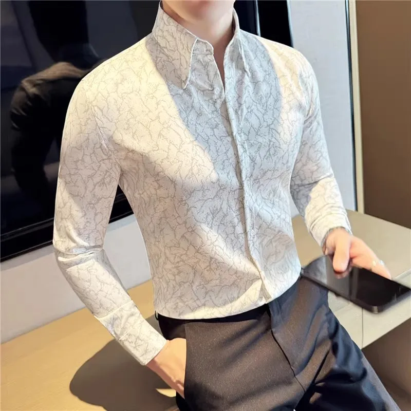 

Spring Autumn Fashion Print Smart Casual Shirts Men Long Sleeve Turn Down Collar Slim Fit White Black Shirt Mens Clothing 2025