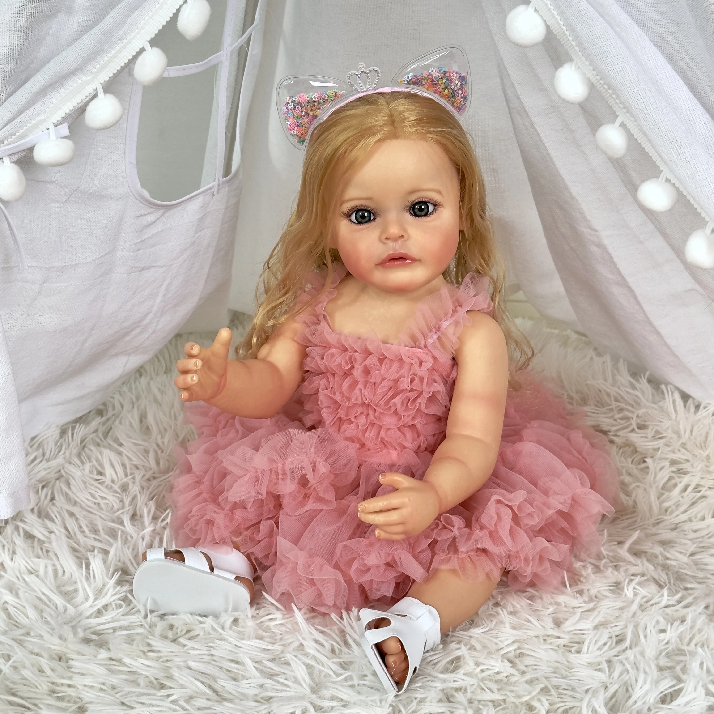 NPK 55CM Full body Silicone Reborn Toddler Girl Princess Sue-Sue Hand-detailed Painting Rooted blonde Hair waterproof Toy