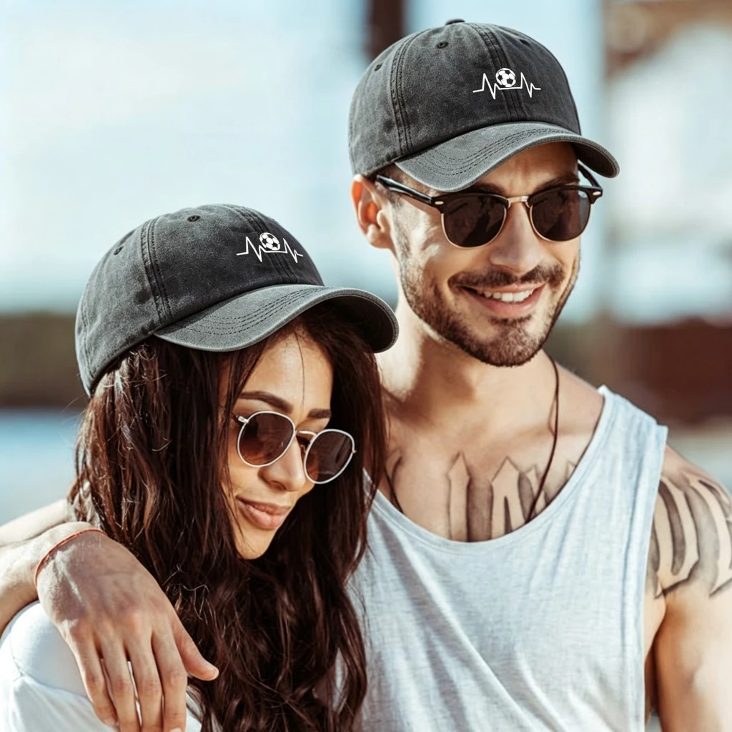 Football Heartbeat Baseball Cap Distressed Washed Casual Curved Brim Adjustable Headwear for Sports Fans