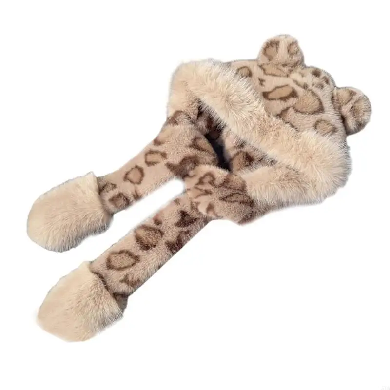 

L5YA Leopard Pattern Bear Ear Hat Plush Trapper Hat Winter Warm Earflap Hat for Daily