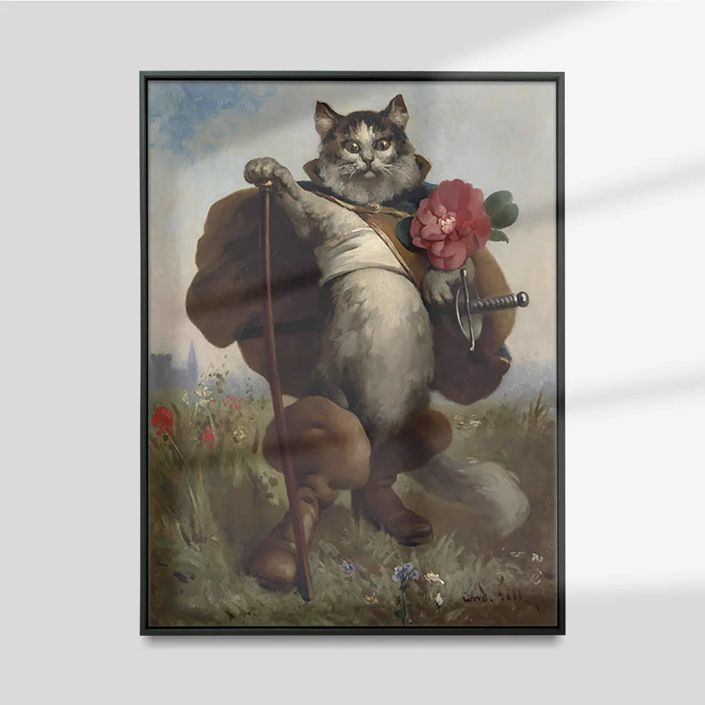 Póster Vintage de gato con botas, arte de pared, lienzo impreso, pintura al óleo de gato antiguo, Le Chat Botte Andre Gill, decoración artística de cuento de hadas francés