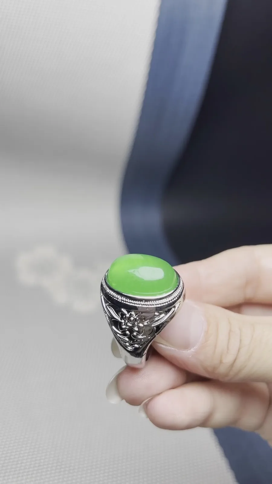 Real Natural Inlay Ice Green Burmese Jade Jadeite Archaistic Amulet Ring