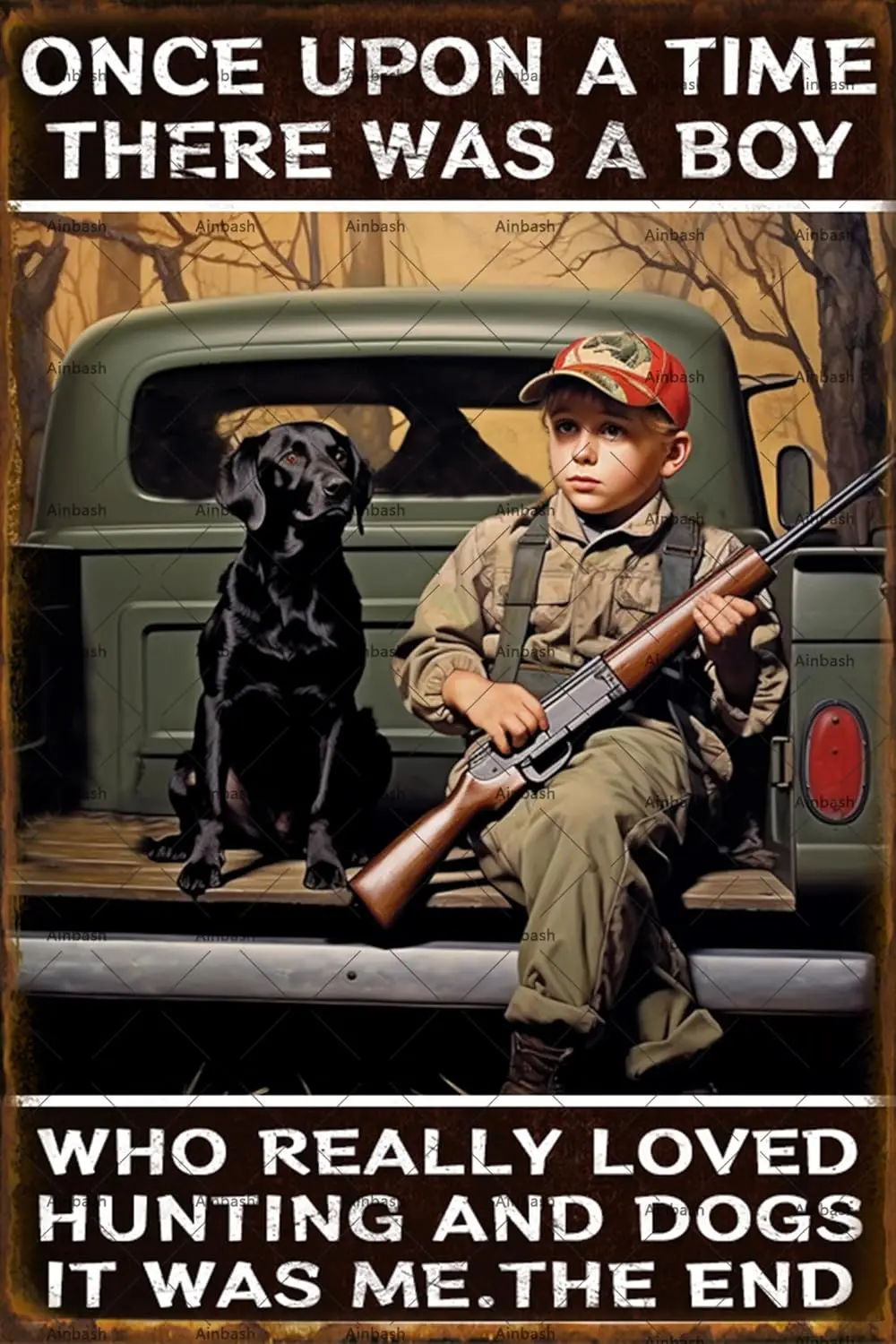 Es war einmal ein Junge, der die Jagd wirklich liebte - Metallschilder, Jagddekoration, Kinderzimmer, Jungen, Hund, Ästhetische Wandkunst aus Blech