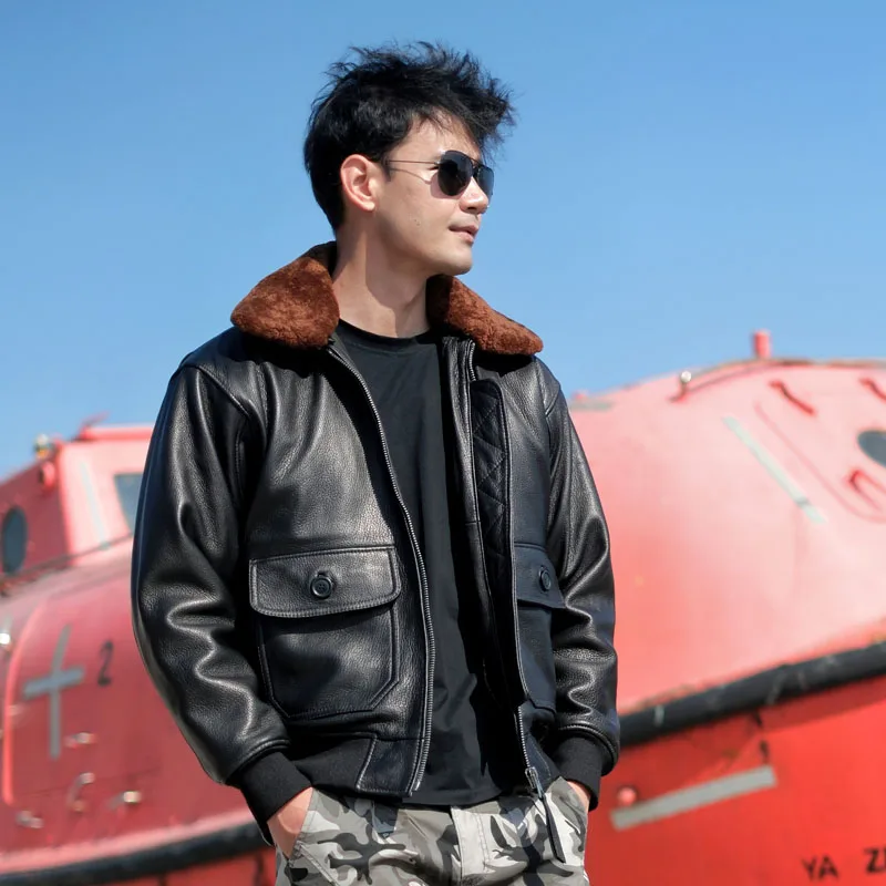 Dark Brown Winter Pilot Leather Jacket Men Military Style Europe Size Genuine Natural Thick Cowhide G1 Flight Leather Coat