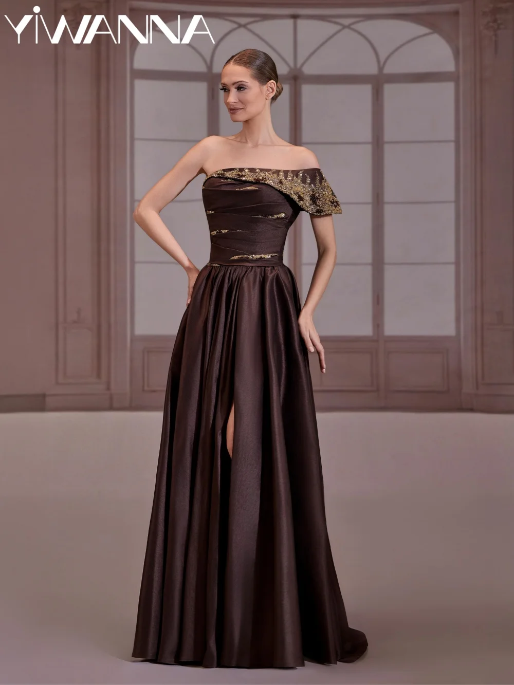 

Golden Appliques Evening Dress Modern One Shoulder A-line Mother Of The Bride Dresses For Wedding Customized Brown Party Gowns