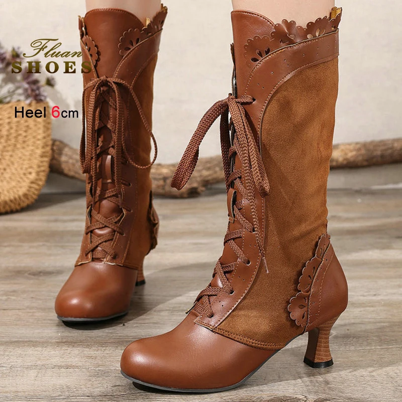 الرجعية الشتاء البني المرأة فارس الأحذية الركبة الجبهة الدانتيل يصل منتصف العجل الأحذية جولة تو كشكش تقليم لوليتا منتصف طول الأحذية حجم 46