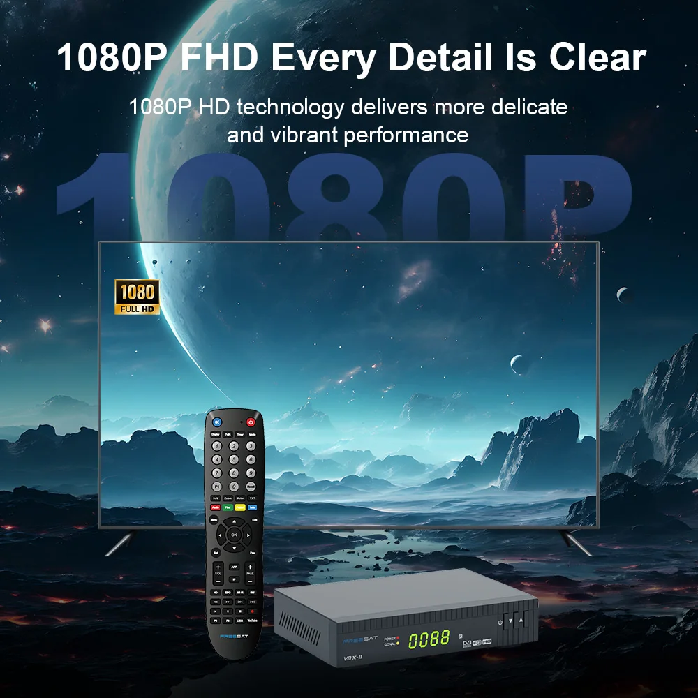 جهاز استقبال تلفزيون FREESAT V8X 2 1080P عالي الدقة DVB-S/S2/S2X، H.265 مدمج WIFI، FUNCAM/MARS/CCAM/M3U TV Box مع فتحة بطاقة CA
