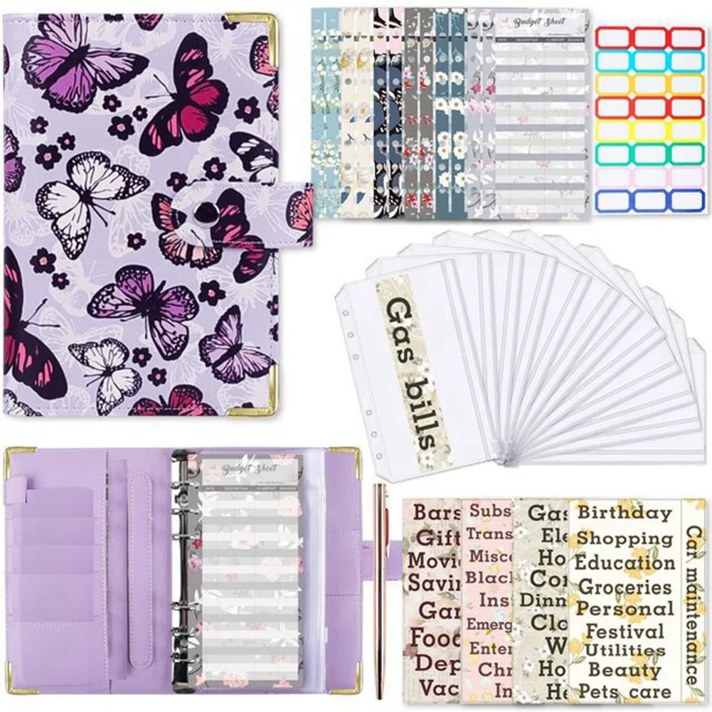 ซองซิปสมุดแพลนเนอร์ลายนูนรูปผีเสื้อ A6ซองเงินสดออแกไนเซอร์จัดงบประมาณสำหรับเงินสดสีม่วง