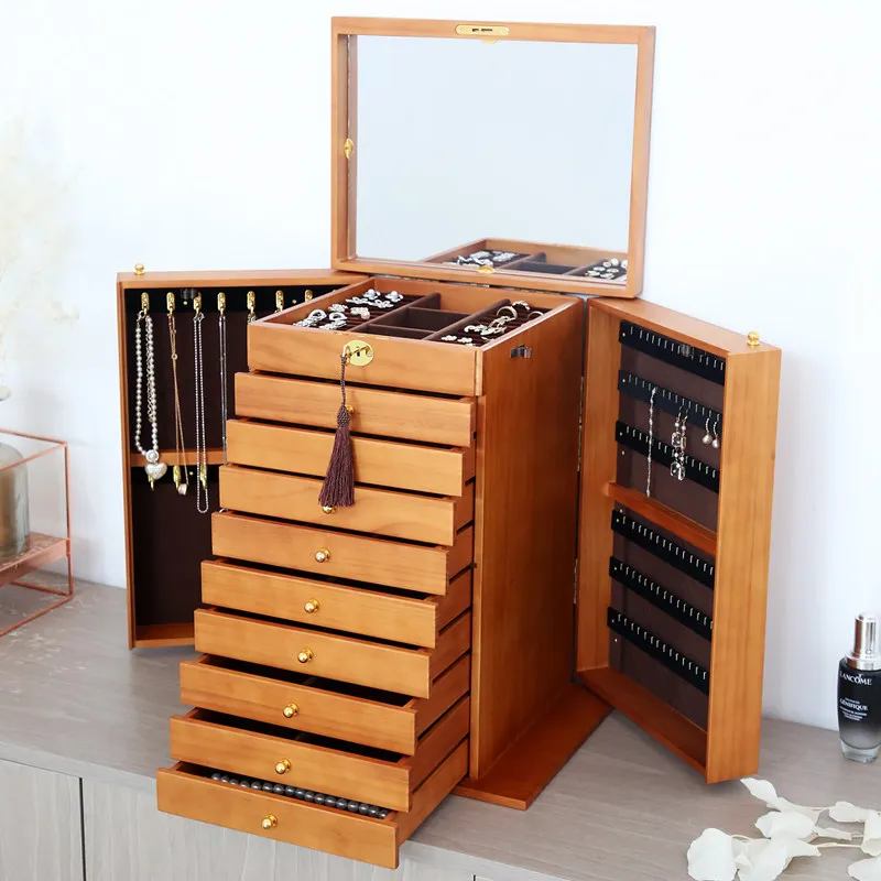 Solid Wood Jewelry Box Retro Large Capacity Storage Boxes Necklace Earrings Organizer Case Bracelets Display Drawer with Lock