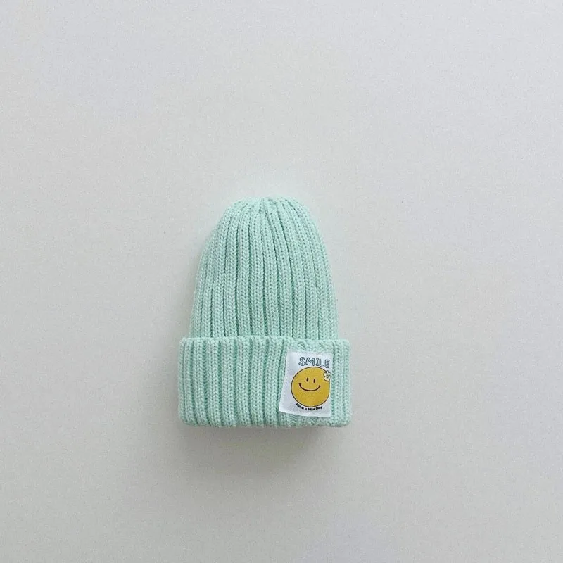 Candy Color Knitted Hats Girls Smiling Face Patch Stretch Woolen Hat Spring& Autumn Cotton Boys Baby New Boutique Cute Hats