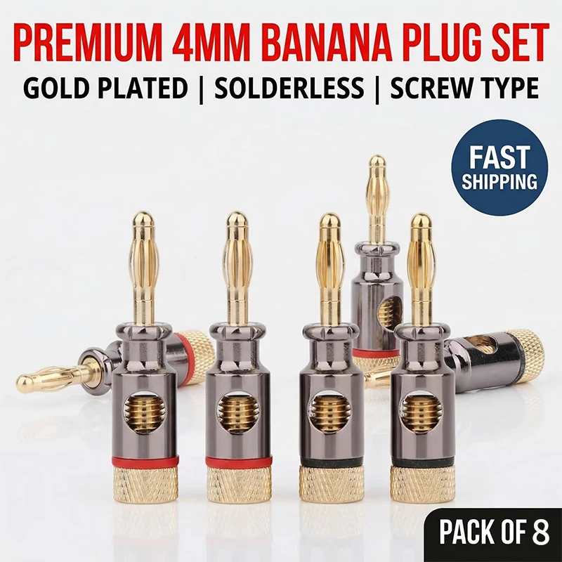 

8PCS 4mm Gold Plated Banana Plugs, Solderless Screw Type Connectors for Stereo Speaker Audio Wire