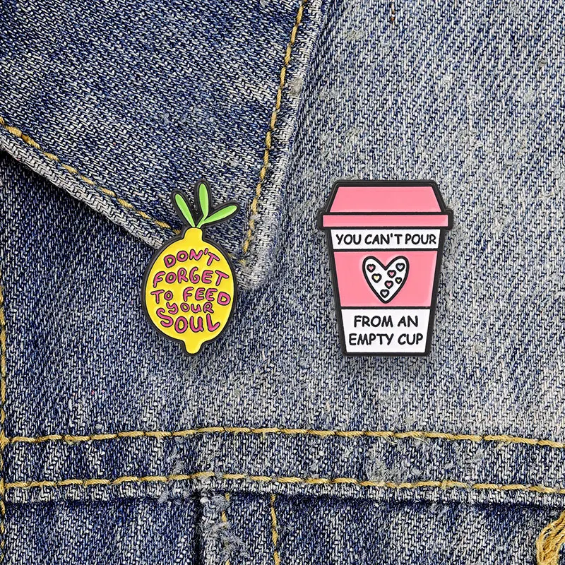Positive Affirmation Quote Enamel Badges Lemon Coffee Cup Bird Floral Pins Metal Brooches Lapel Pin Set Jewelry Gifts
