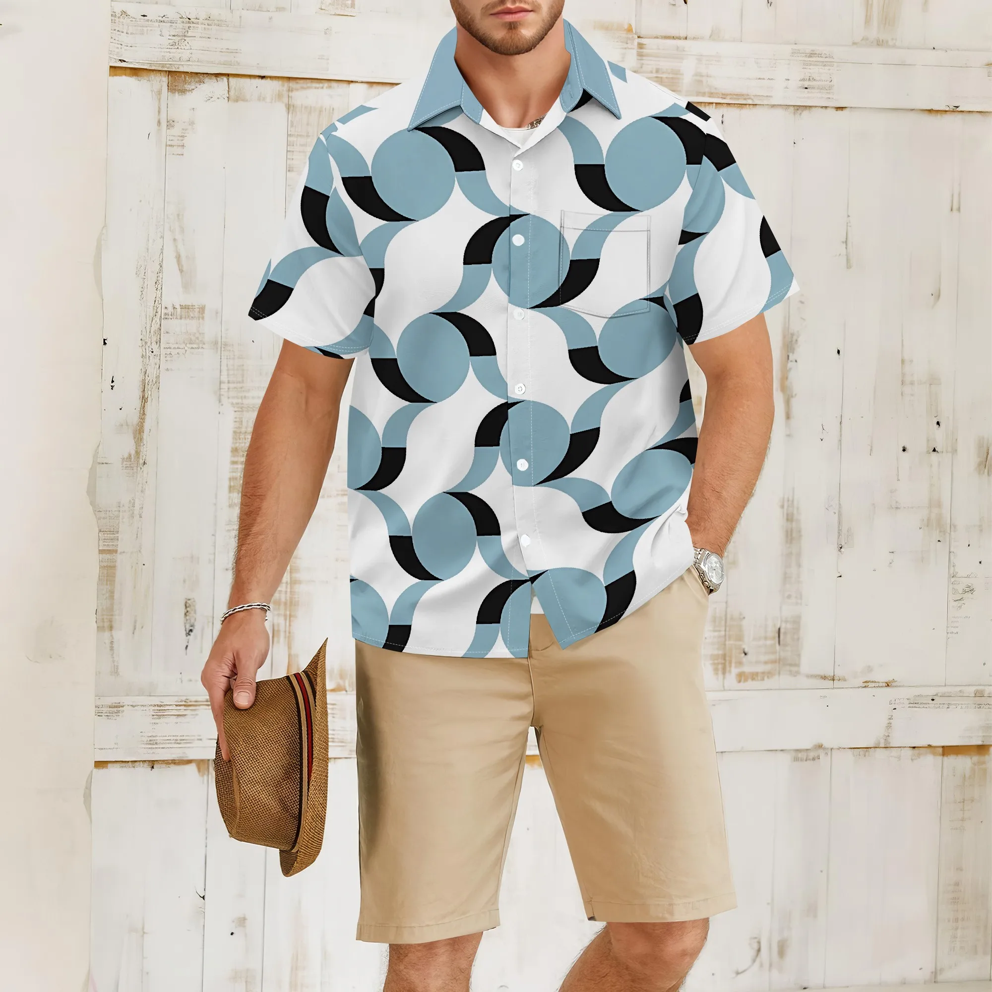 

YEAE Blue White Half - Circle Pattern Shirt for Men Summer Casual Short Sleeve Top