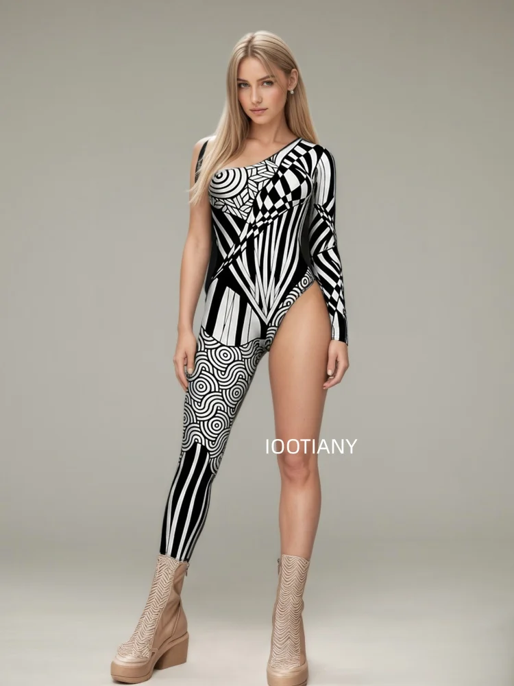 Gotischer Halloween-Skelett-Print-Bodysuit für Damen, One-Shoulder, einlanger Ärmel, asymmetrischer, enger Jumpsuit, Bühnen-Rave-Outfit – Detail 6