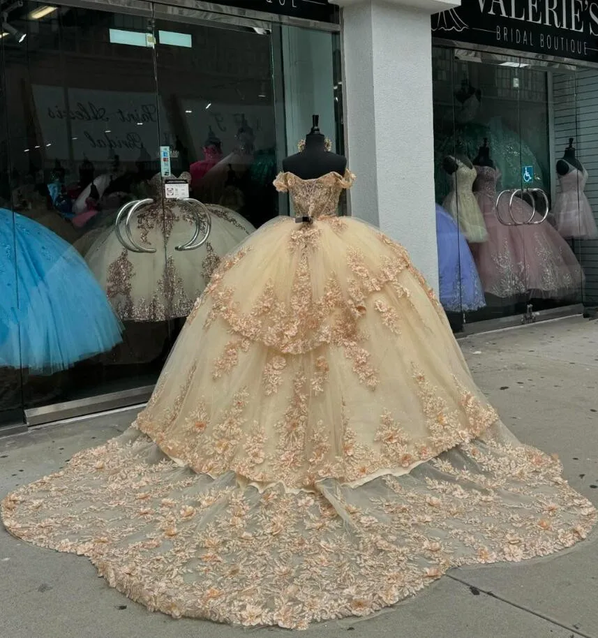 فساتين الأميرة Quinceanera مكشوفة الأكتاف ، مزين بالزهور ثلاثية الأبعاد ، مشد برباط ، فساتين فاخرة للشمبانيا ، 16 ، 15 سنة ،