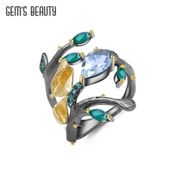 GEM'S BEAUTY Branch Butterfly Real 925 Sterling Silver Adjustable Open Ring For Women Natural Gemstone Designer Fine Jewelry
